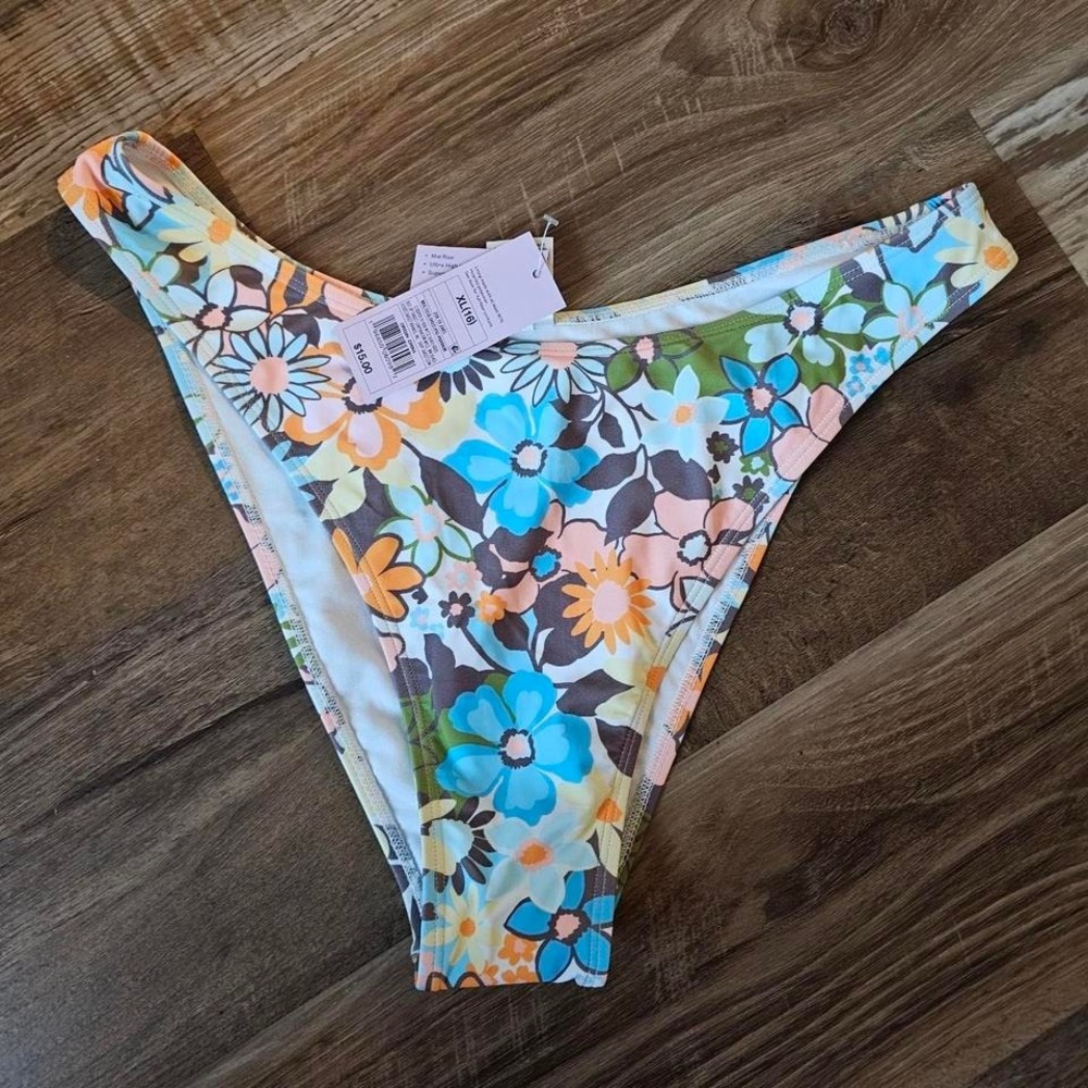 Wild Fable Floral‎ Bikini Bottom Mid Rise Ultra High Leg Cheeky New XL 16